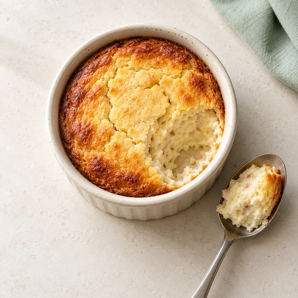 Illustrazione AI di un dolce al forno in cocotte, proposta ricotta e mandorle.