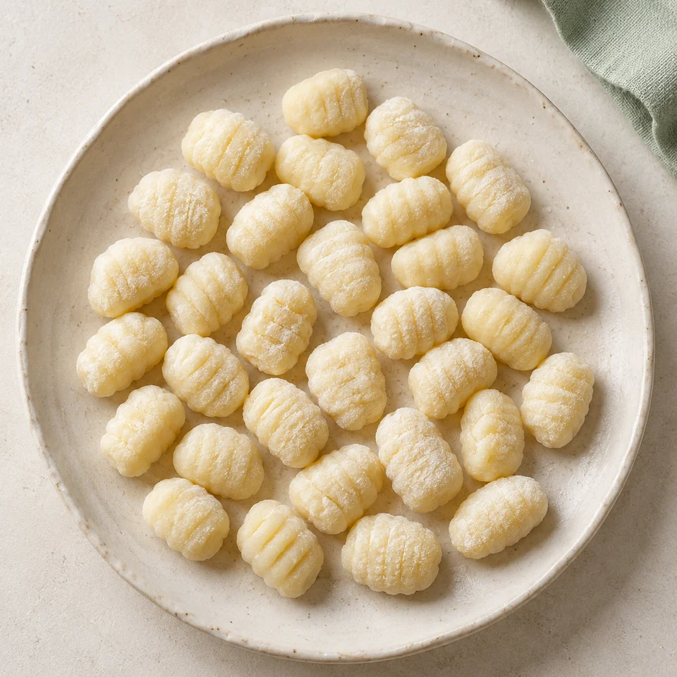 Illustrazione AI di gnocchi di patate crudi su piatto chiaro.