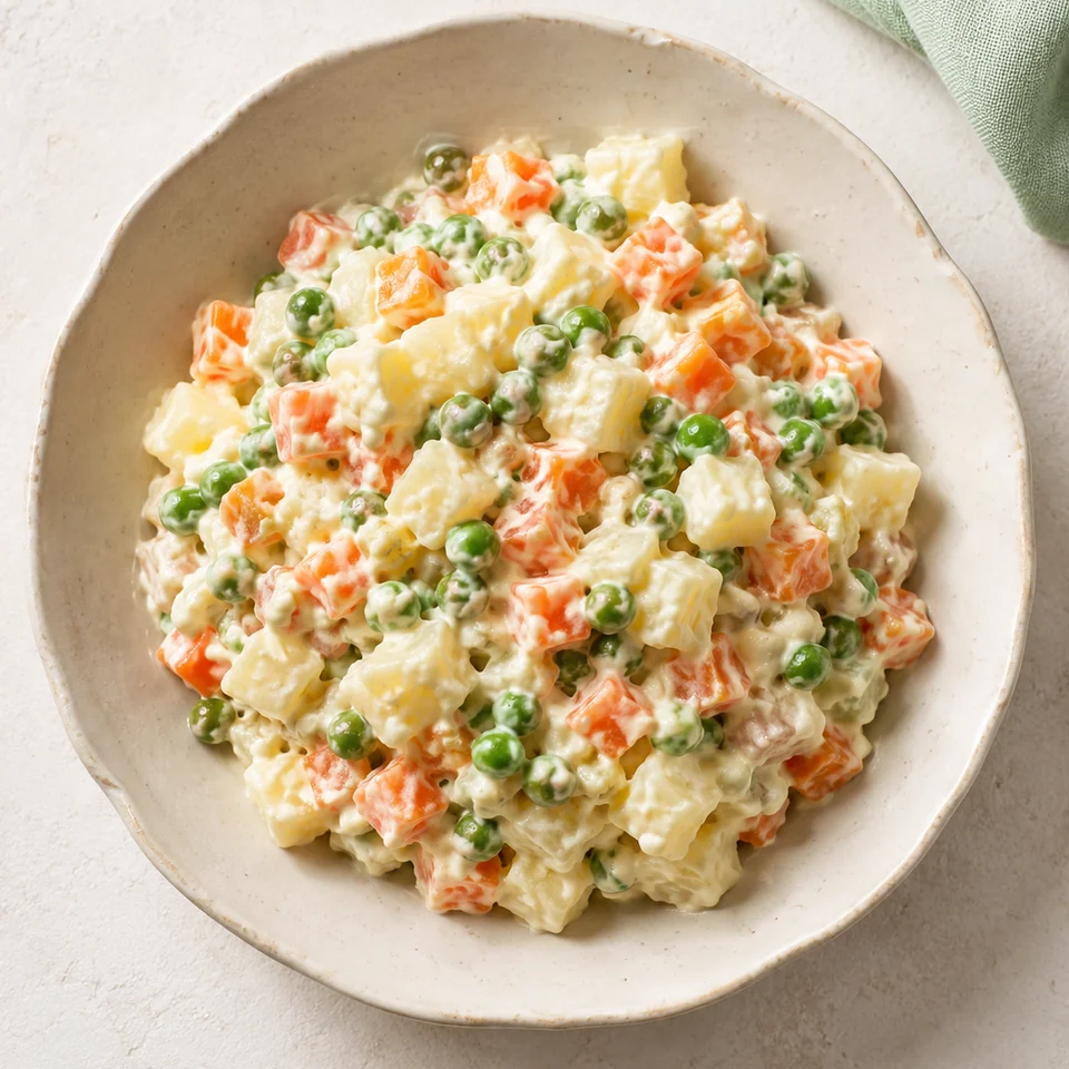 Illustrazione AI di insalata russa con patate, carote e piselli.