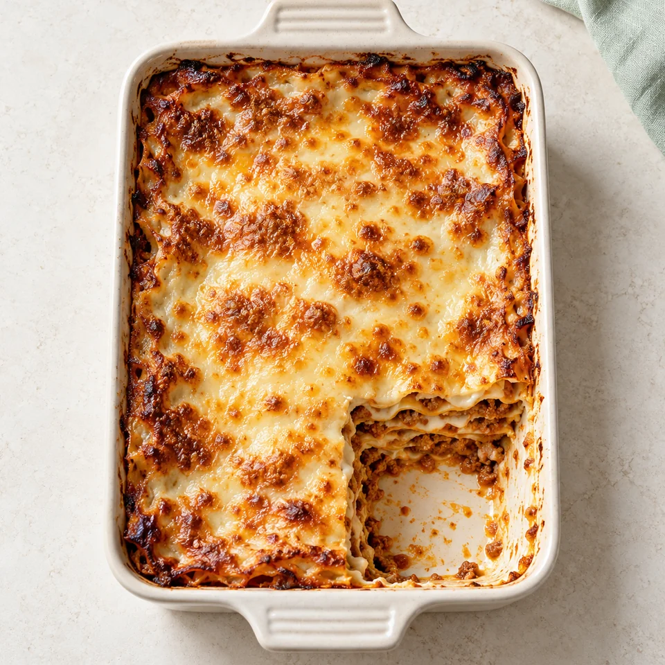 Illustrazione AI di lasagne al ragù in teglia, con gli strati visibili.