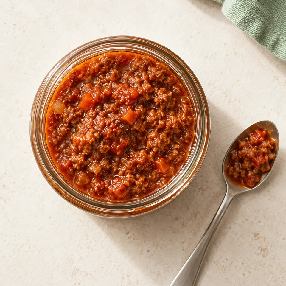 Illustrazione AI di un barattolo aperto di ragù con cucchiaio.