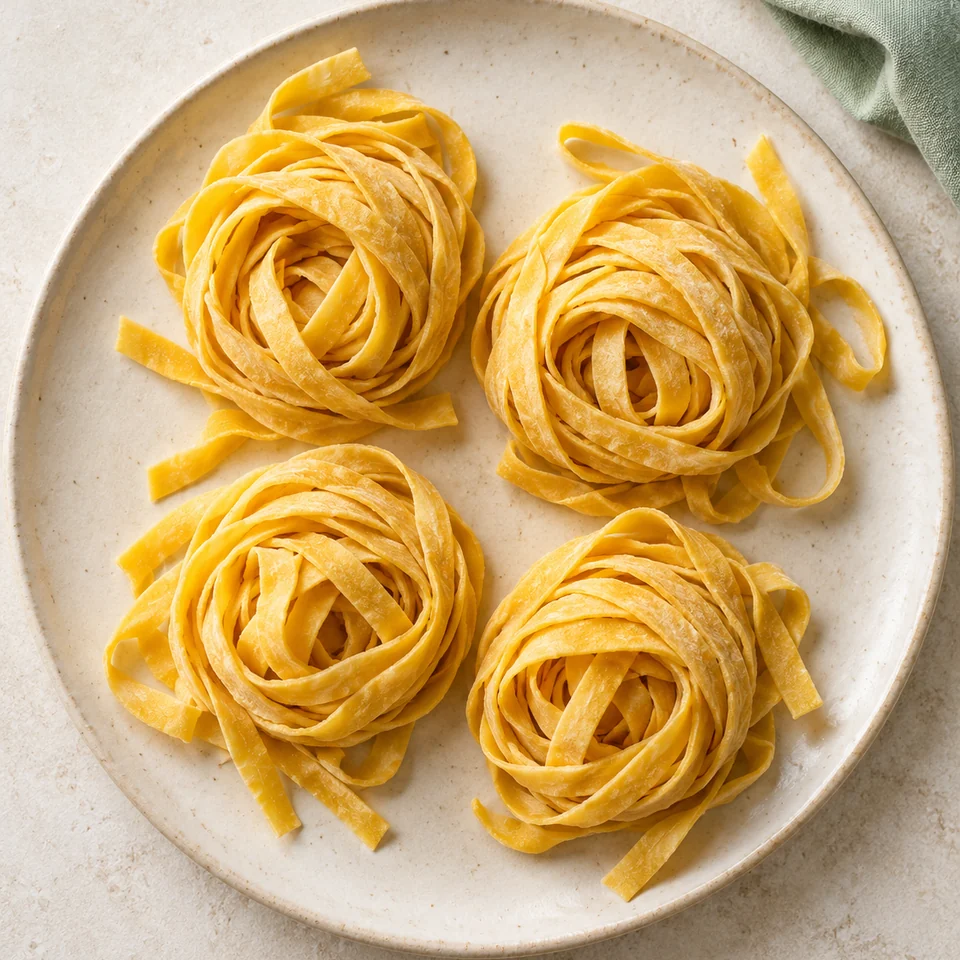 Illustrazione AI di quattro nidi di tagliatelle all'uovo.