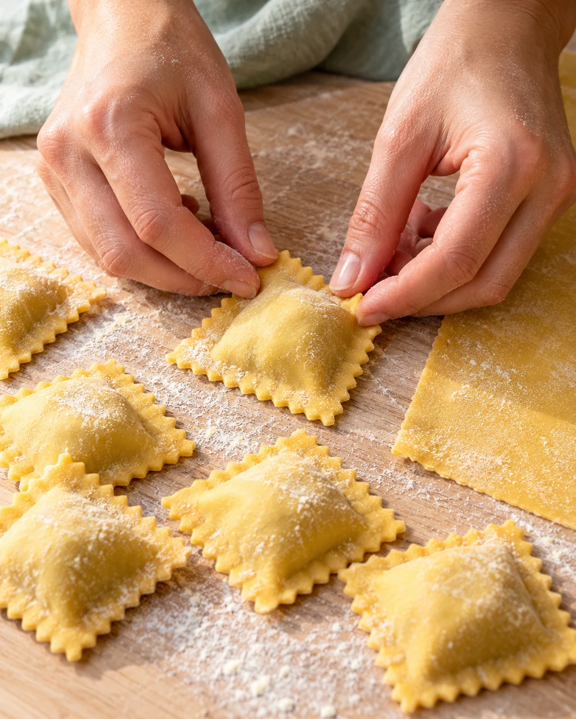 Scena illustrativa AI di mani che chiudono un raviolo su una spianatoia.